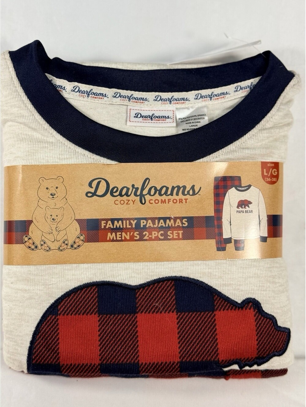Dearfoams Papa Bear Family Mens Lrg Cozy Comfort Long Sleev Pajama Set Red Plaid